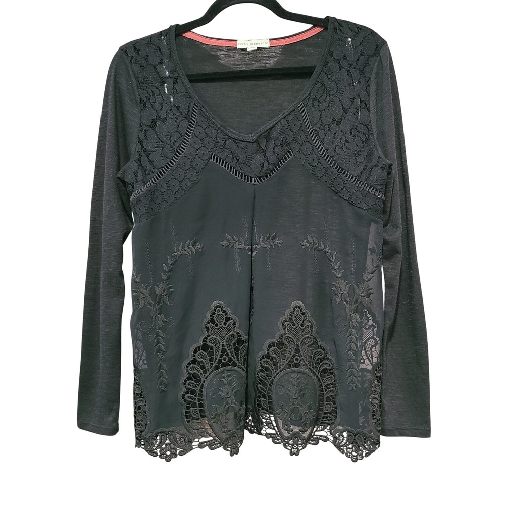 Coco + Jaimeson Black Boho Lace Embroidered Mixed Media V-Neck Top Small